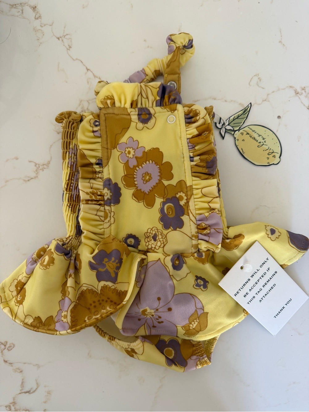 For Love And Lemons Yellow Floral Ruffle One-Piece Swim